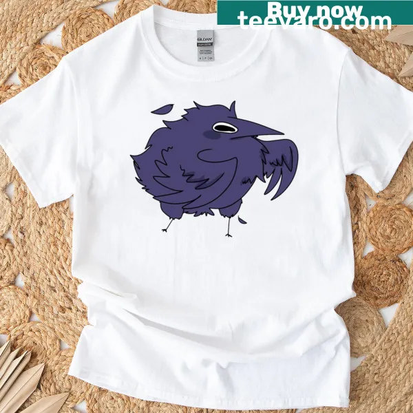 Whimsical fluffy crow graphic T-shirt for animal lovers.