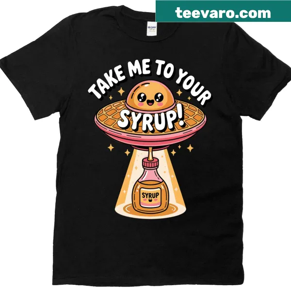 Kawaii t-shirt with UFO beaming up a waffle and syrup illustration