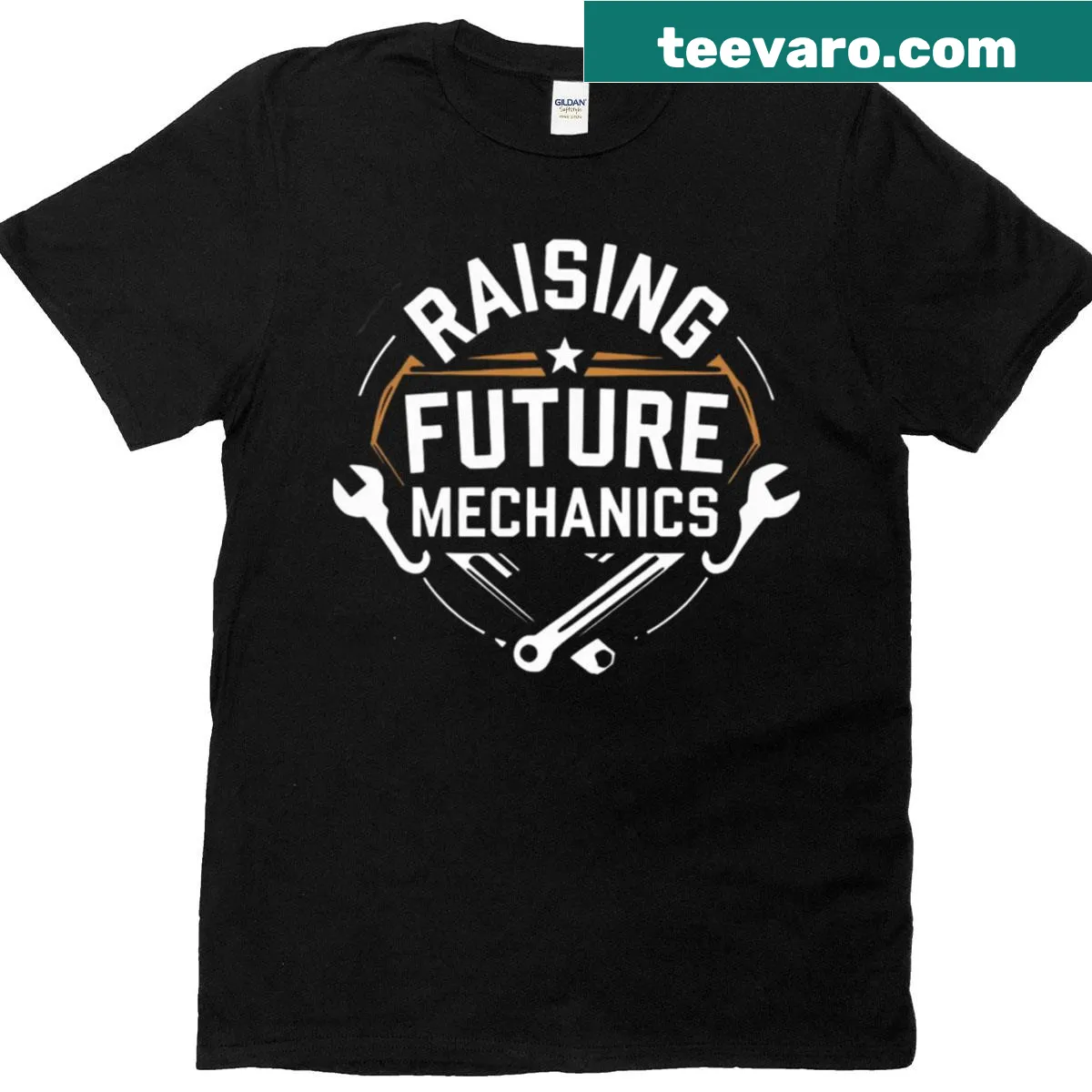Futuristic mechanics-themed t-shirt with gears and tools illustration — on a men's t-shirt