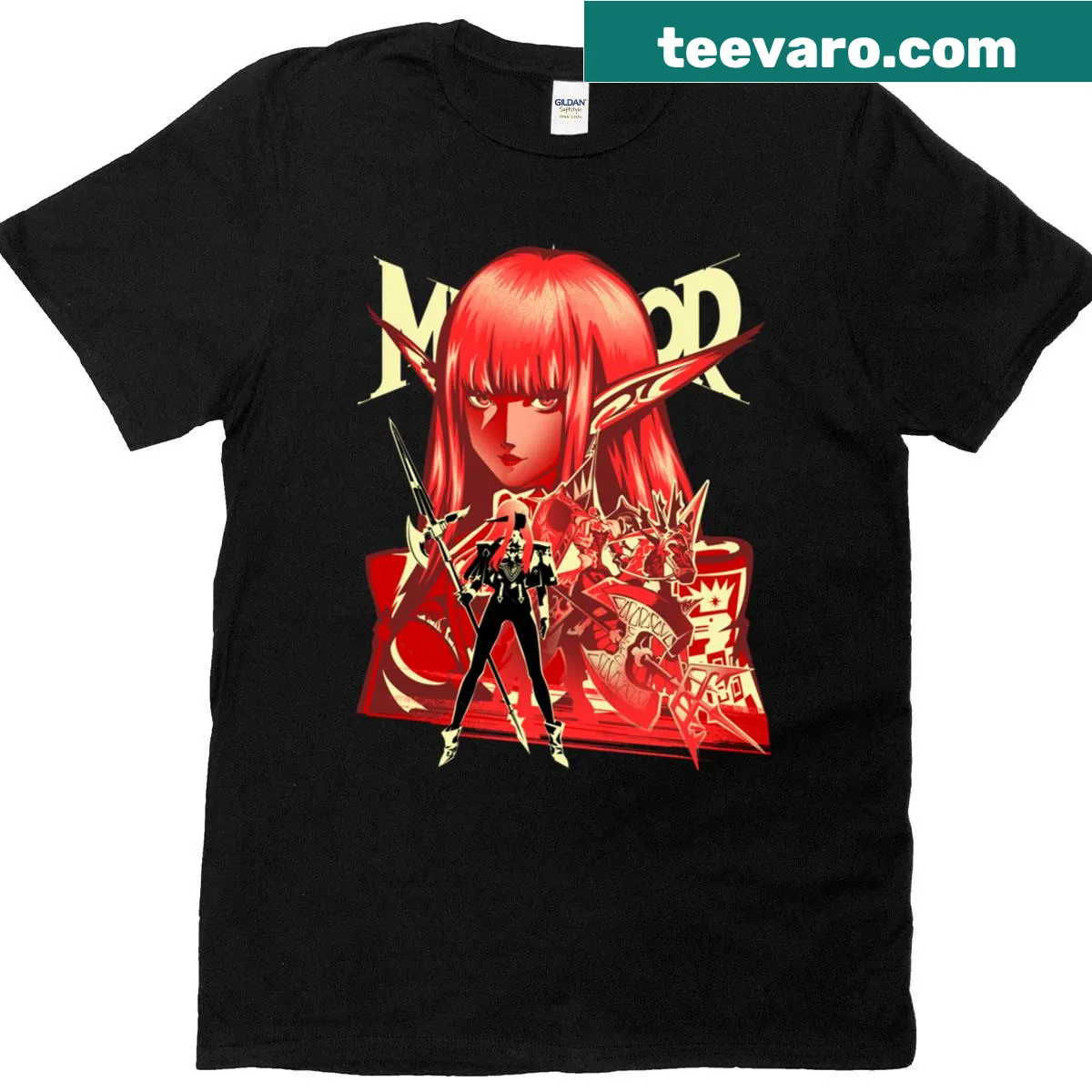 Playful red-tressed knight design on a fantasy-themed t-shirt. — on a men's t-shirt