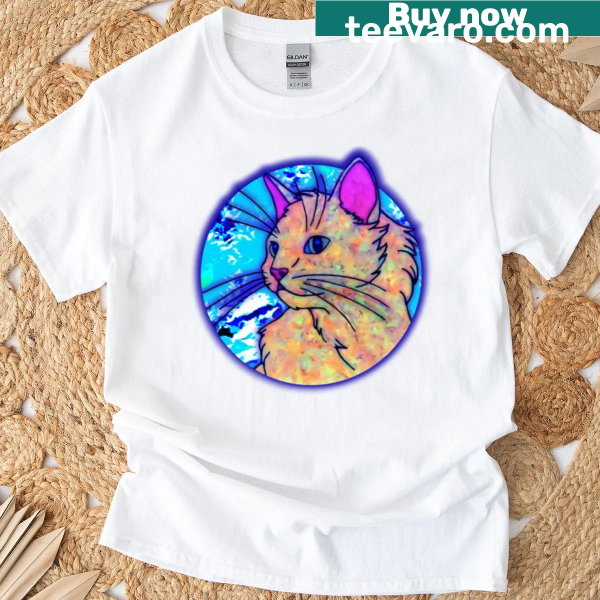Playful illustration of an orange cat on a t-shirt — on a men's t-shirt
