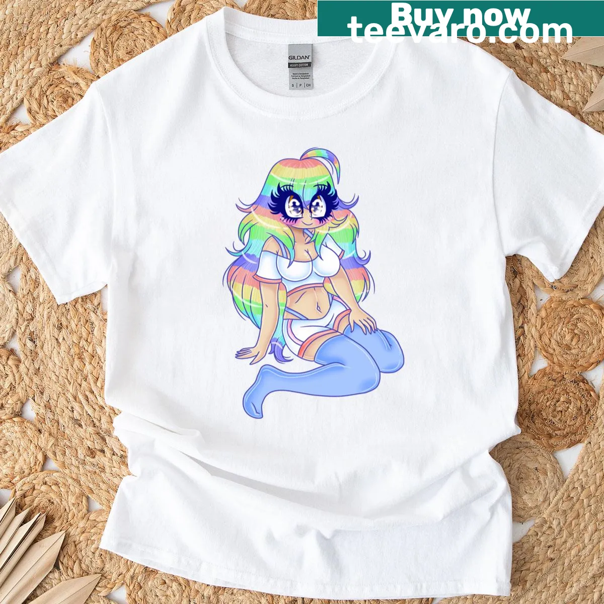 Typography T-shirt featuring the phrase Rainbow Hair, Don't Care. — on a men's t-shirt