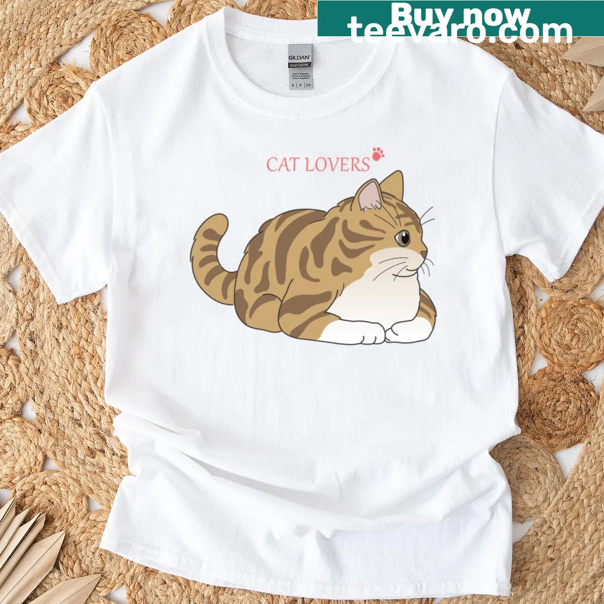 Cartoon illustration of a classic tabby cat on a T-shirt — on a men's t-shirt