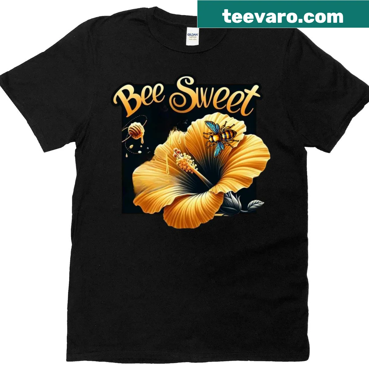 Stylized bee graphic on a Sweet Bee t-shirt celebrating nature. — on a men's t-shirt