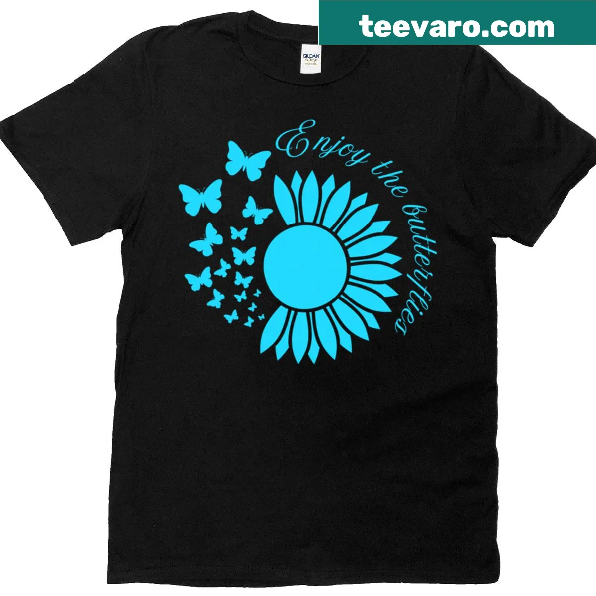 Retro-style t-shirt featuring turquoise neon butterflies. — on a men's t-shirt