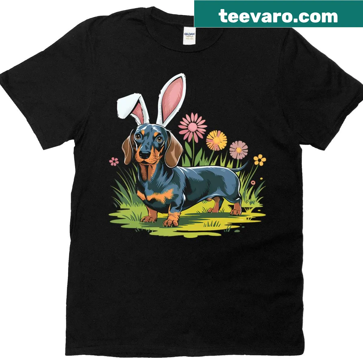 Wiener dog wearing bunny ears illustration on T-shirt — on a men's t-shirt