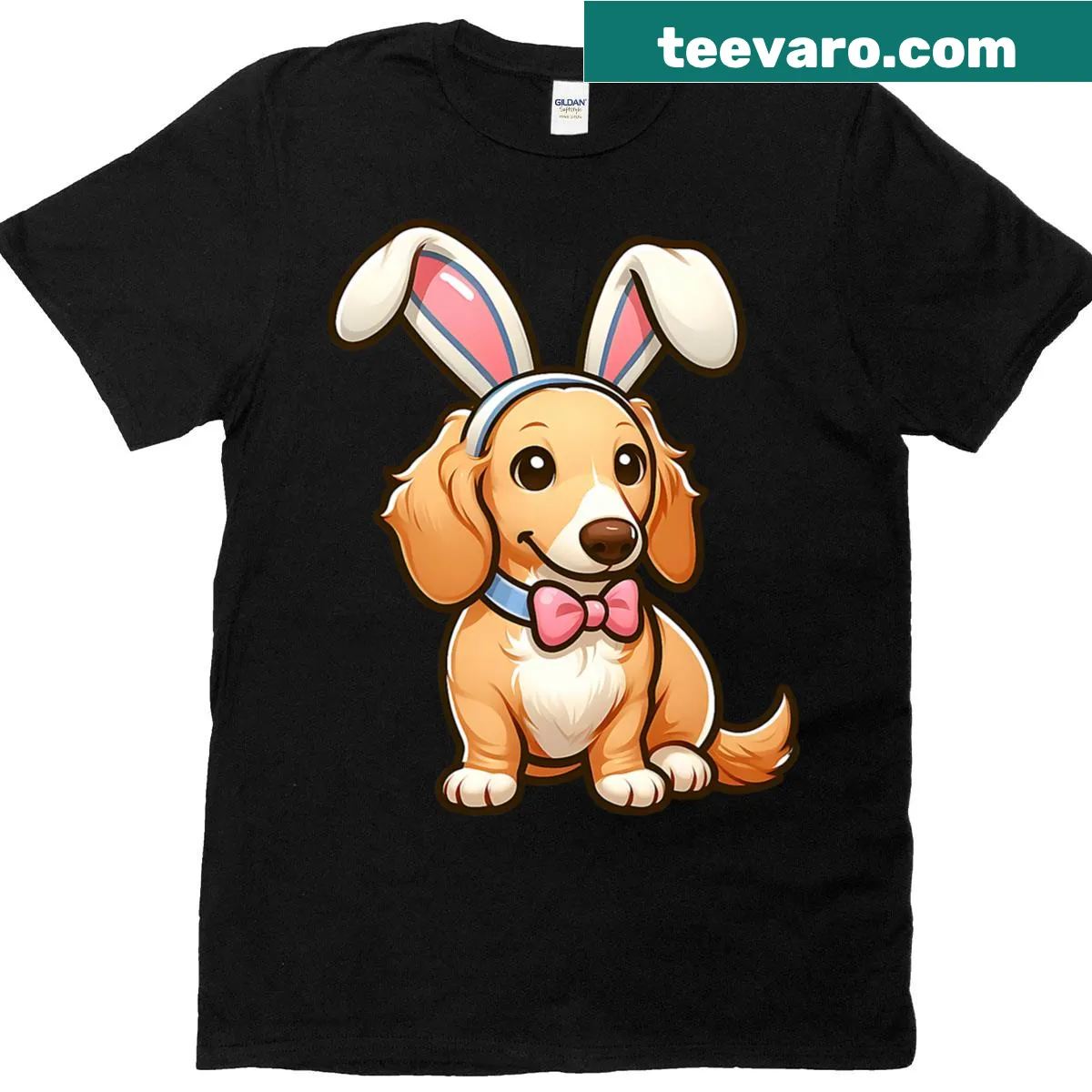 Cartoonish T-shirt of a dog wearing bunny ears — on a men's t-shirt