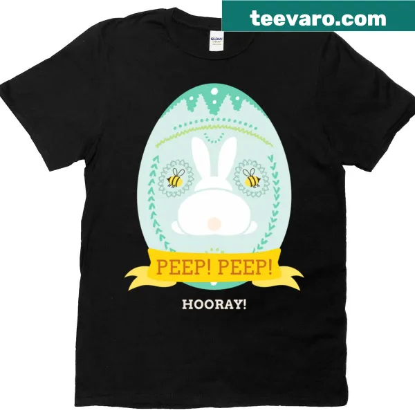 Fun Easter t-shirt with 'Hooray Peep Peep' text and illustrations.