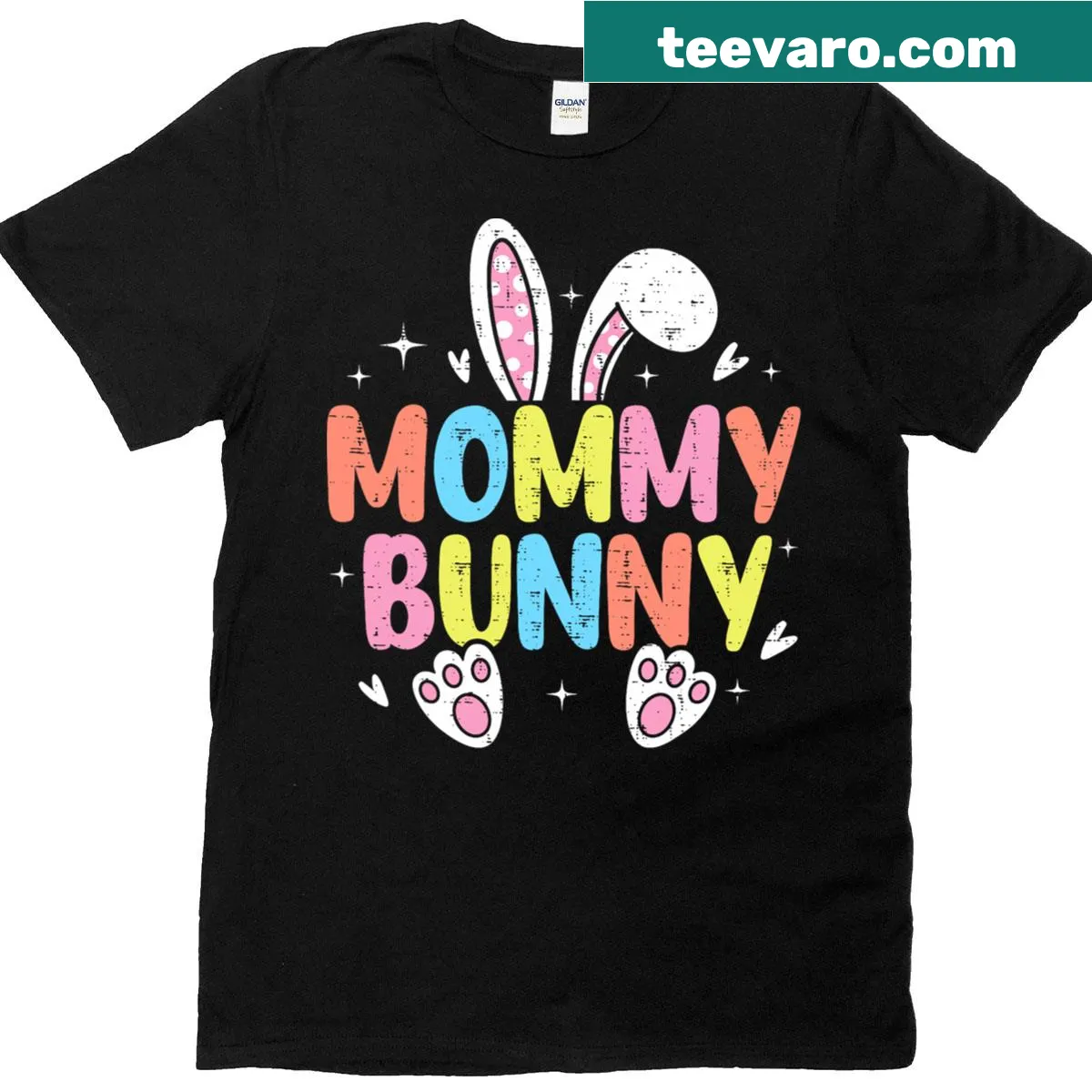 Illustrated mother bunny with baby bunnies for Easter family matching t-shirt — on a men's t-shirt
