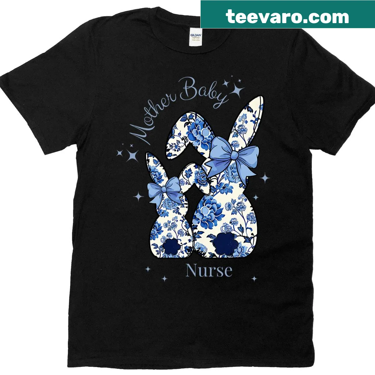 Cute T-shirt featuring a mother and baby bunny with floral design — on a men's t-shirt