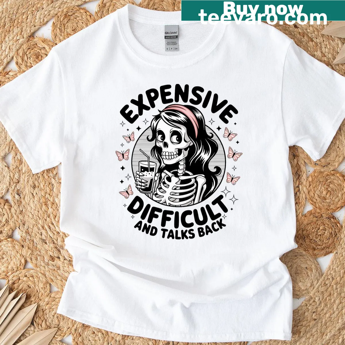 Edgy T-shirt with the phrase 'Expensive, Difficult, and Talks Back' in bold typography — on a men's t-shirt
