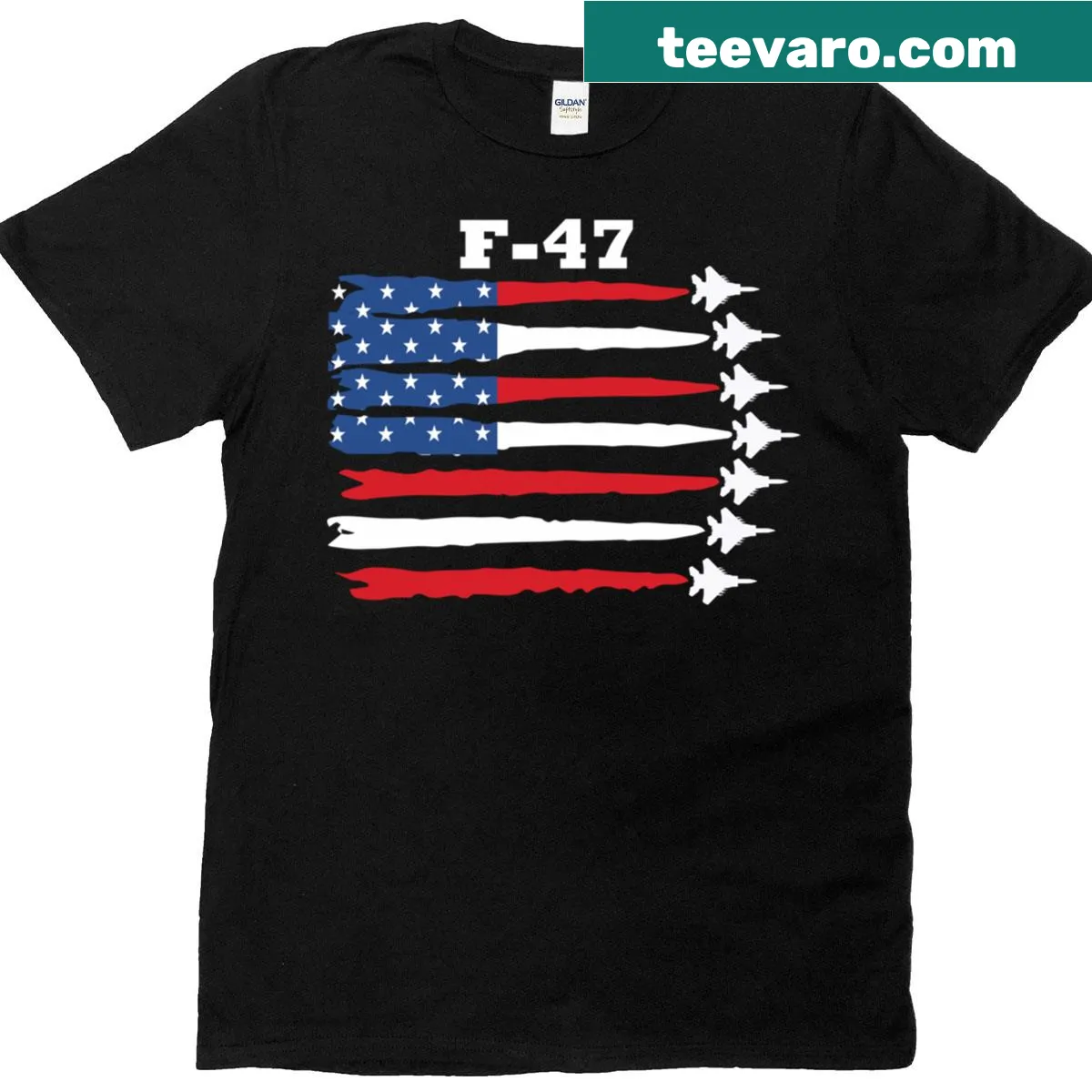 Minimalist silhouette graphic of an F-47 plane — on a men's t-shirt