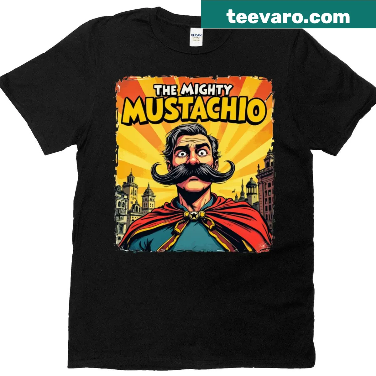 Graphic T-shirt with a whimsical mustachio illustration — on a men's t-shirt