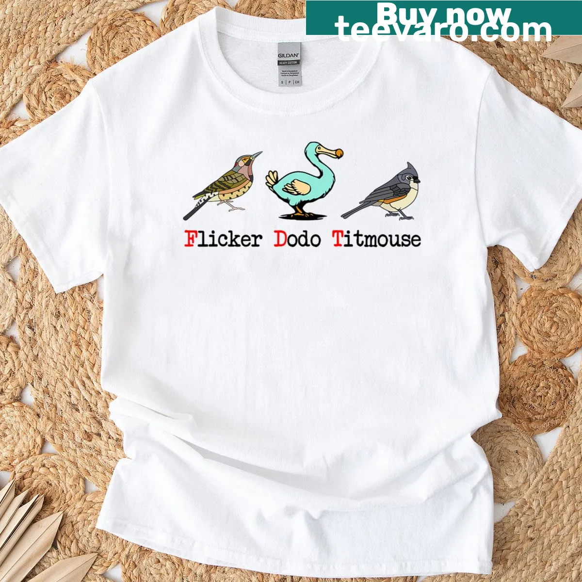 Bird lover t-shirt featuring flicker, dodo, and titmouse illustrations — on a men's t-shirt