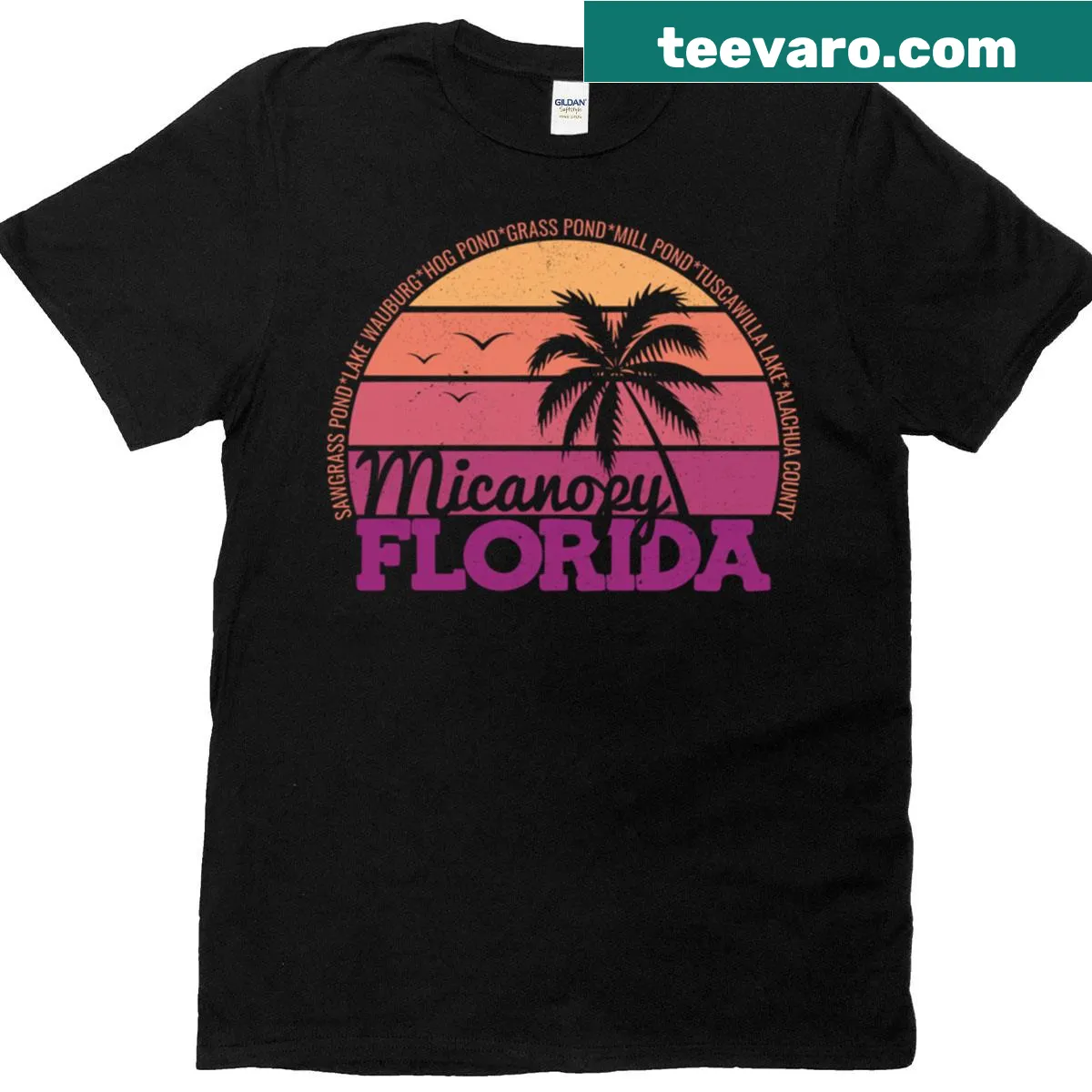 Retro t-shirt featuring a Micanopy Florida sunset graphic — on a men's t-shirt