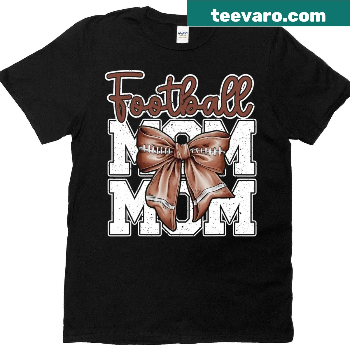 Football Mama t-shirt with sport-inspired typography and a bow design. — on a men's t-shirt