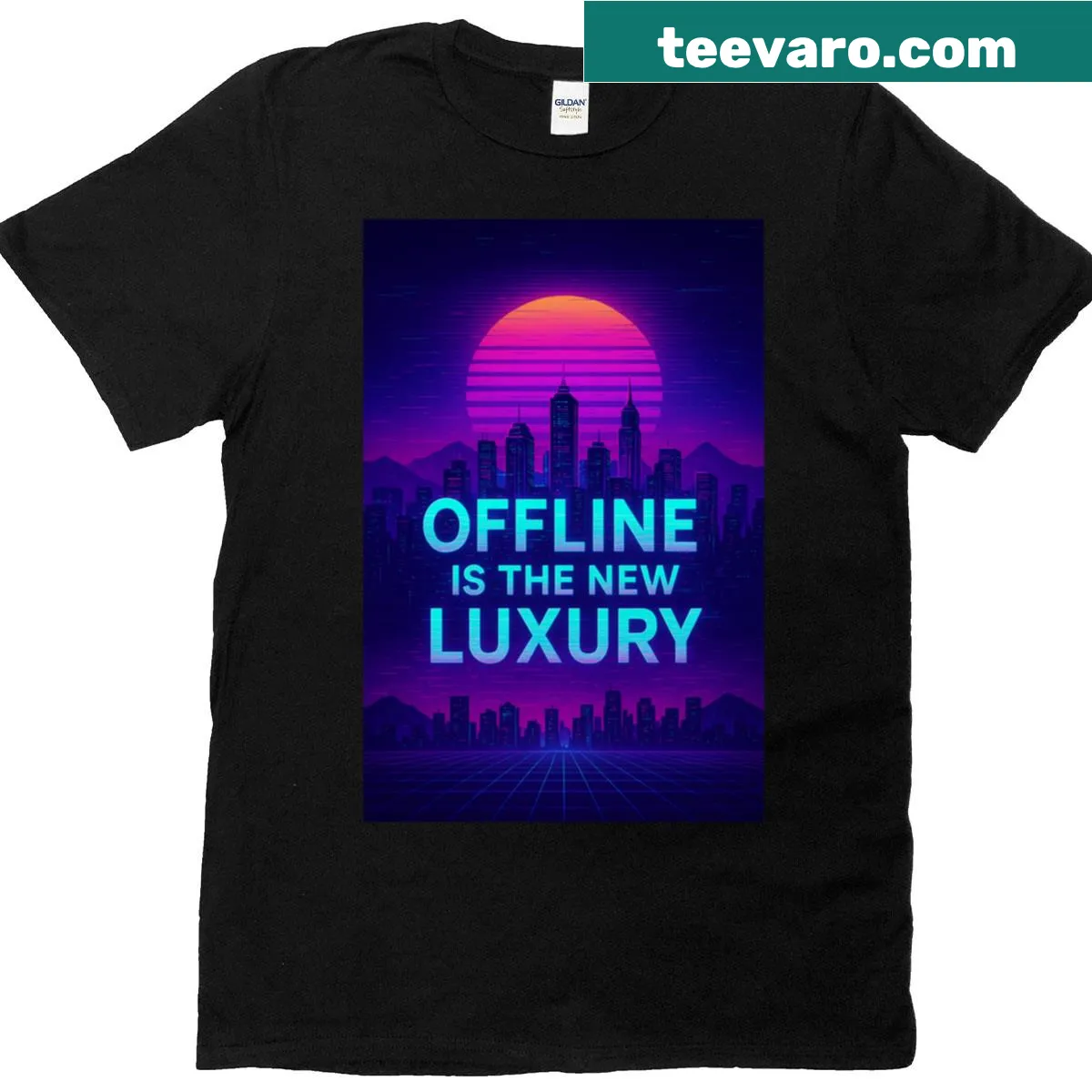Futuristic shirt with cyber city design and bold text — on a men's t-shirt