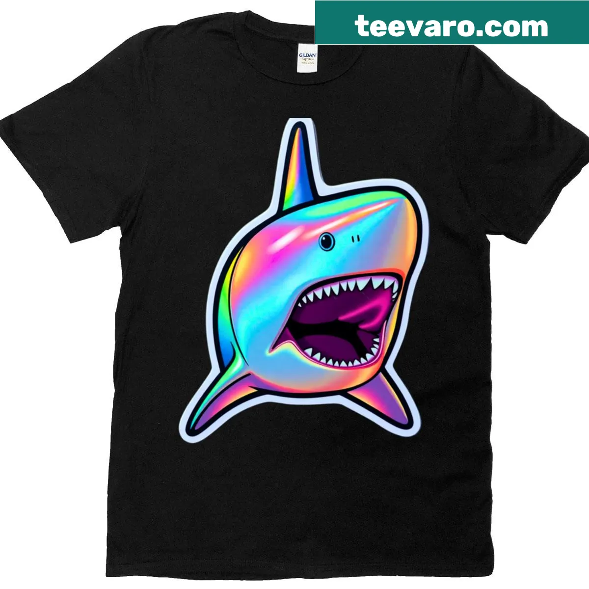 Holographic shark decal design on casual T-shirt — on a men's t-shirt