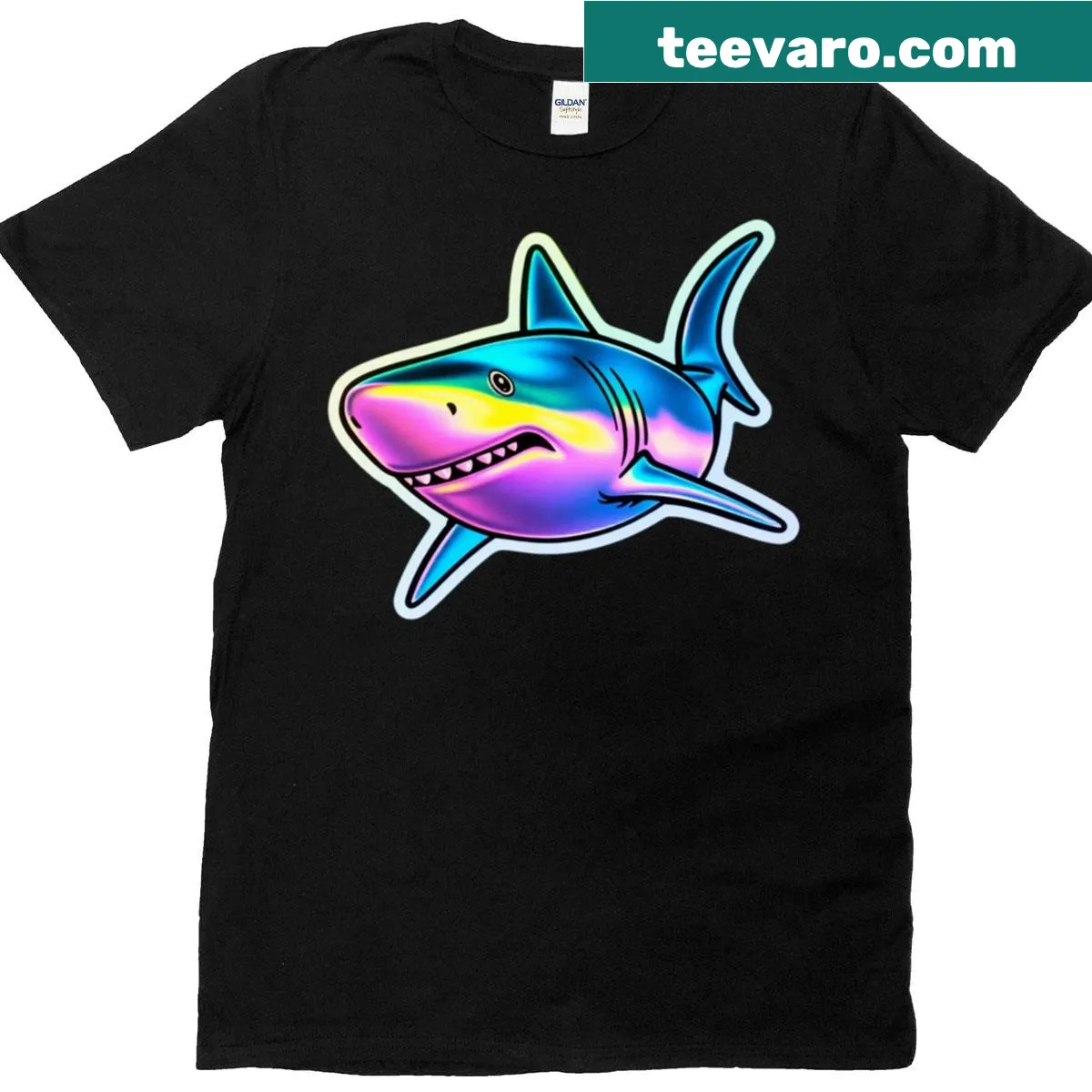 T-shirt with minimalist great white shark design using iridescent vinyl — on a men's t-shirt