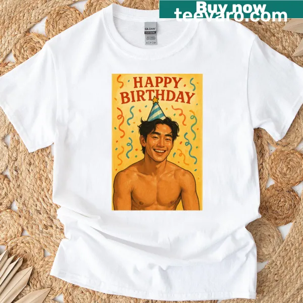 Funny birthday T-shirt with shirtless Asian male illustration
