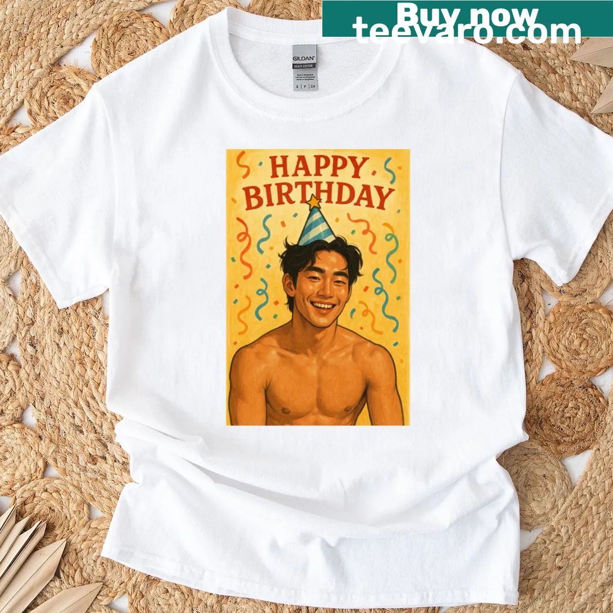 Funny birthday T-shirt with shirtless Asian male illustration — on a men's t-shirt