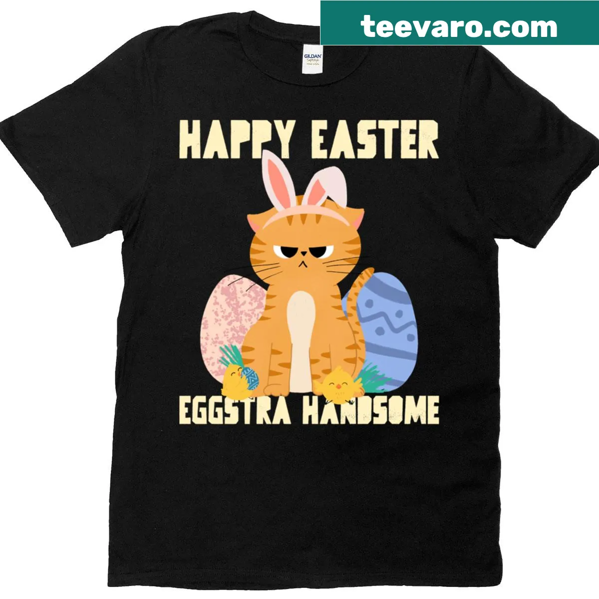 Playful Happy Easter cartoon graphic t-shirt — on a men's t-shirt