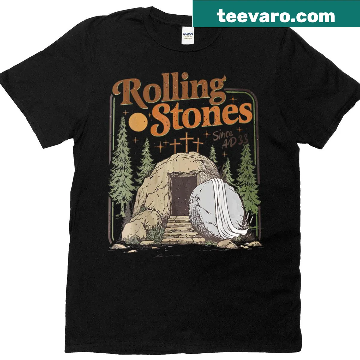 Easter t-shirt with He Is Alive text and stone imagery — on a men's t-shirt