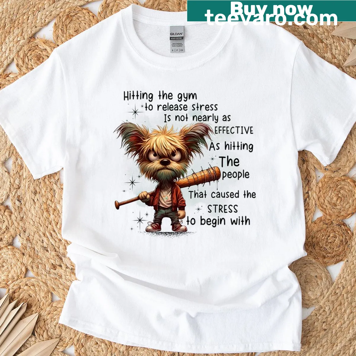 Funny graphic t-shirt about gym stress relief — on a men's t-shirt
