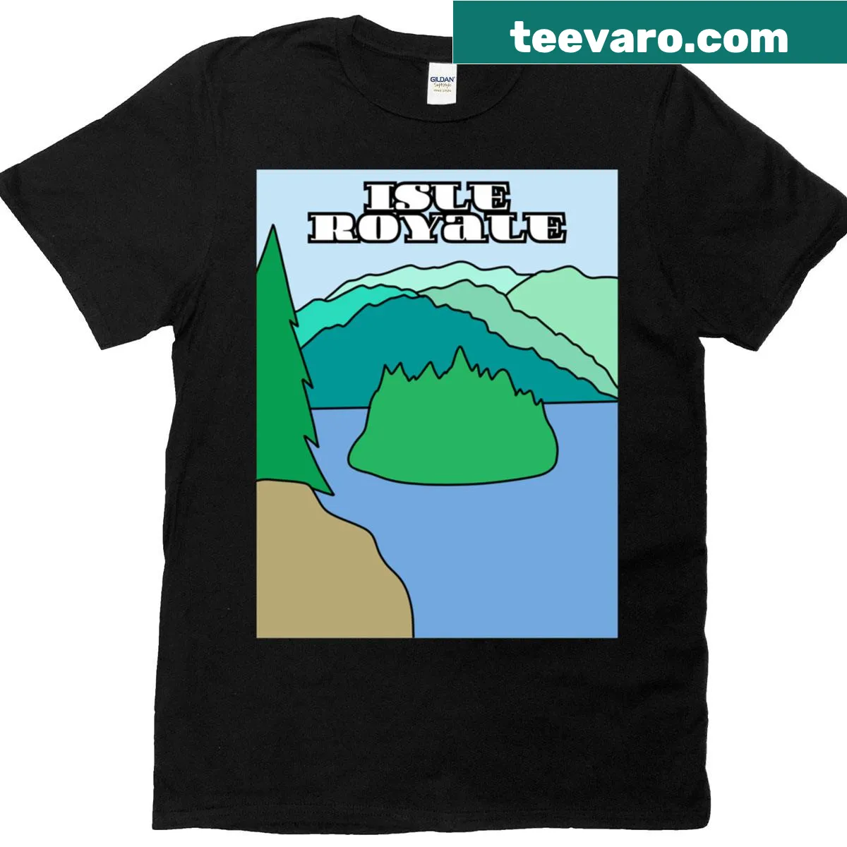 Minimalist travel poster design of Isle Royale National Park on a t-shirt. — on a men's t-shirt