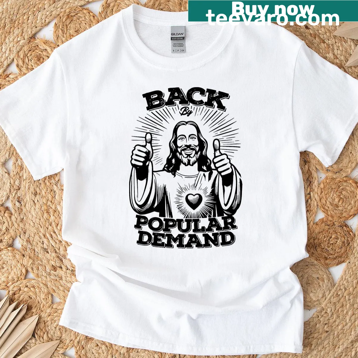 T-shirt with the phrase 'Jesus By Popular Demand' printed on the back. — on a men's t-shirt