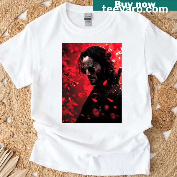 T-shirt featuring John Wick samurai graphic with shadows and blossoms