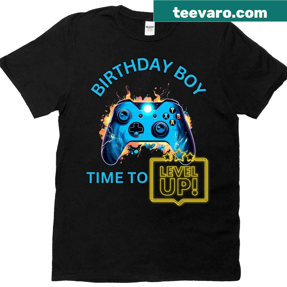 Birthday Boy t-shirt with playful 'Level Up' graphic — on a men's t-shirt