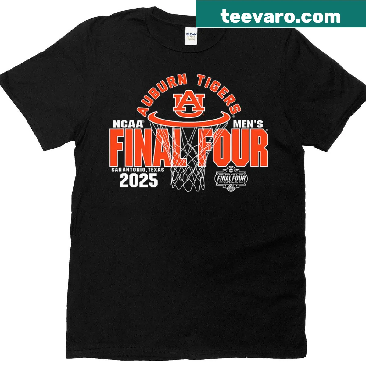 Auburn Tigers navy t-shirt featuring a net design for basketball fans — on a men's t-shirt