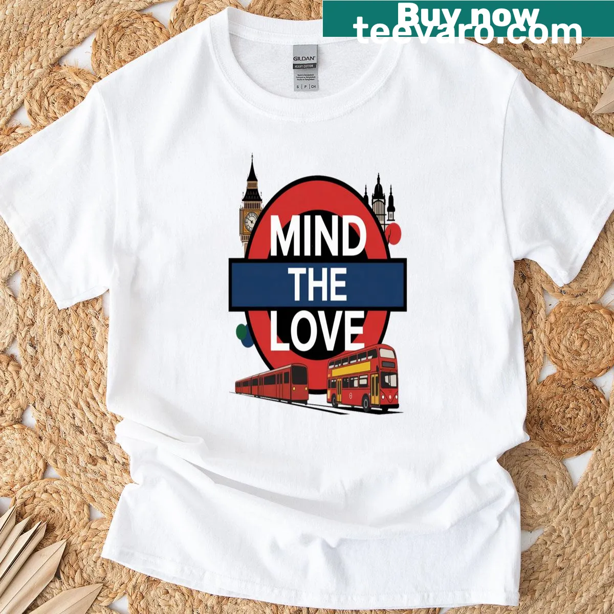 London Underground-inspired t-shirt with 'Mind The Love' illustration — on a men's t-shirt