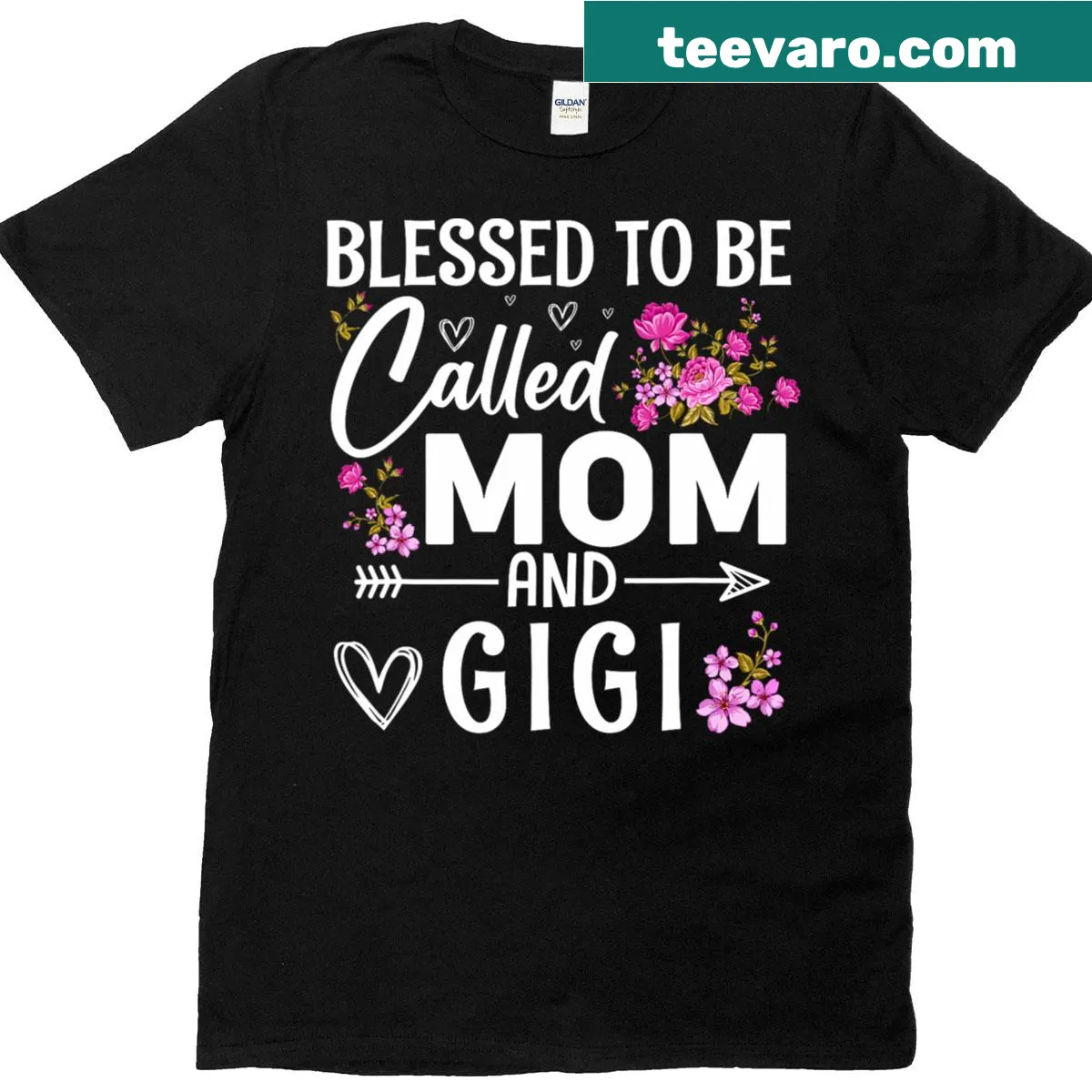 Floral design with 'Blessed to be Called Mom and Gigi' text on a t-shirt. — on a men's t-shirt