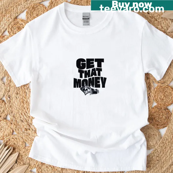 Bold typography design on a black shirt with a financial theme