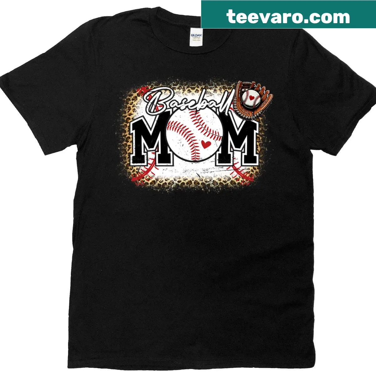 Baseball Mom t-shirt with leopard print and playful sports design — on a men's t-shirt