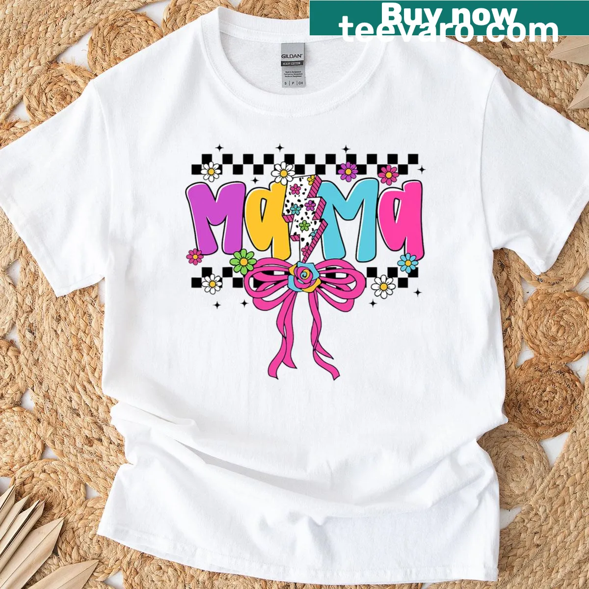 T-shirt with 'Mama Happy' text and bow graphic — on a men's t-shirt
