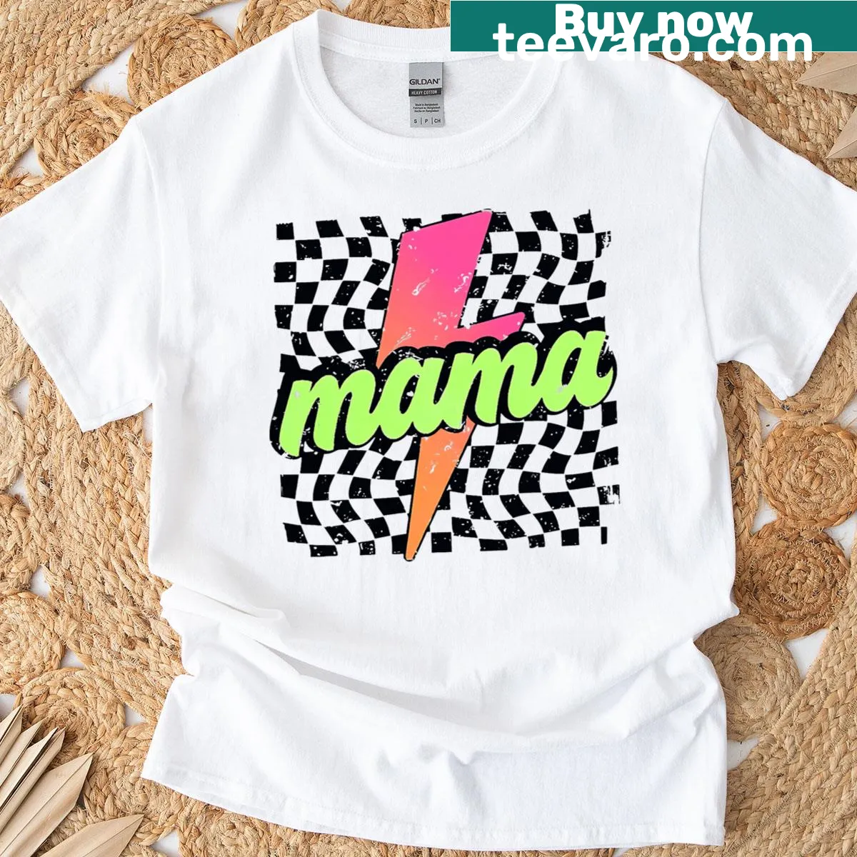 Lightning bolt and checkered design celebrating moms — on a men's t-shirt