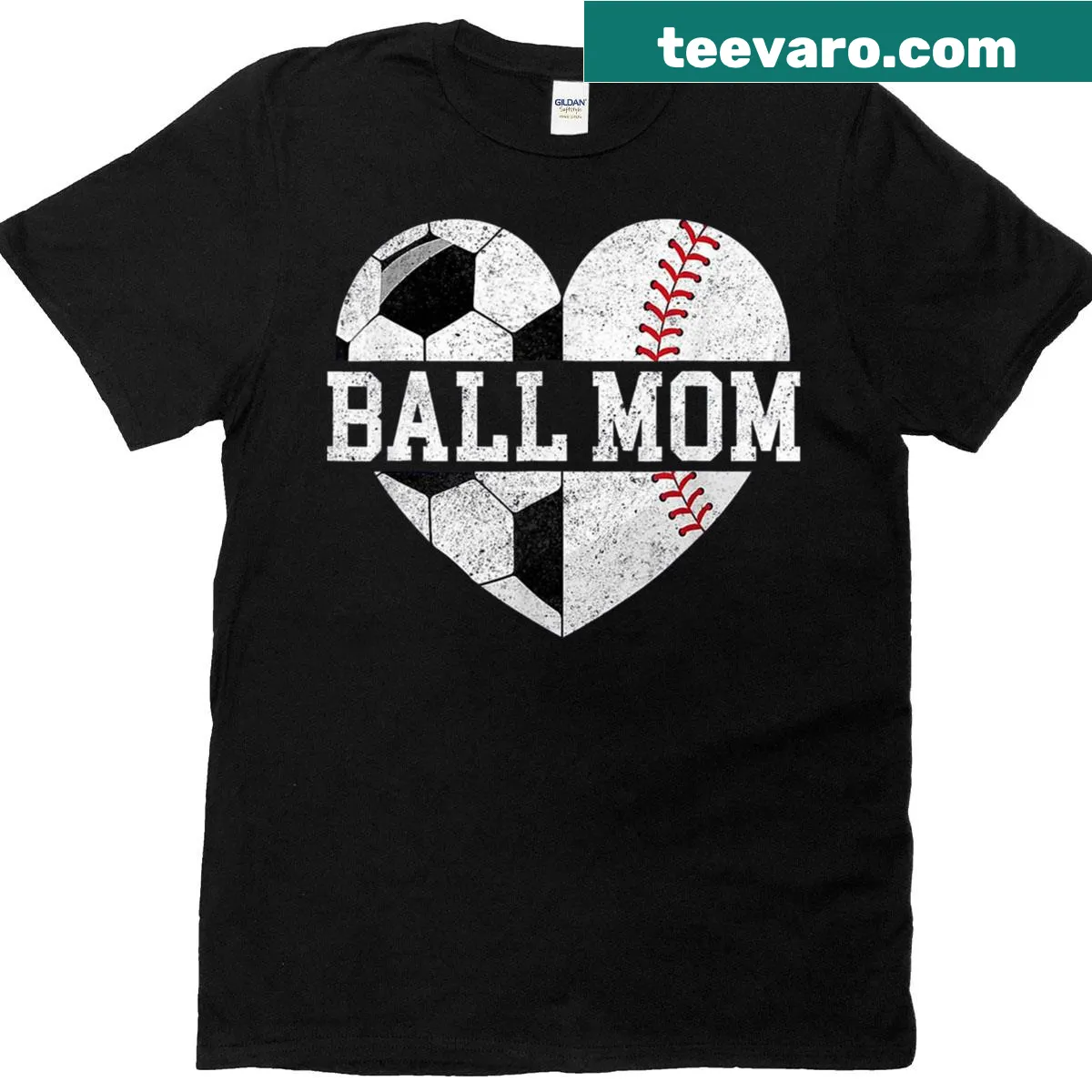 Mothers Day shirt featuring heart design with soccer and baseball elements — on a men's t-shirt