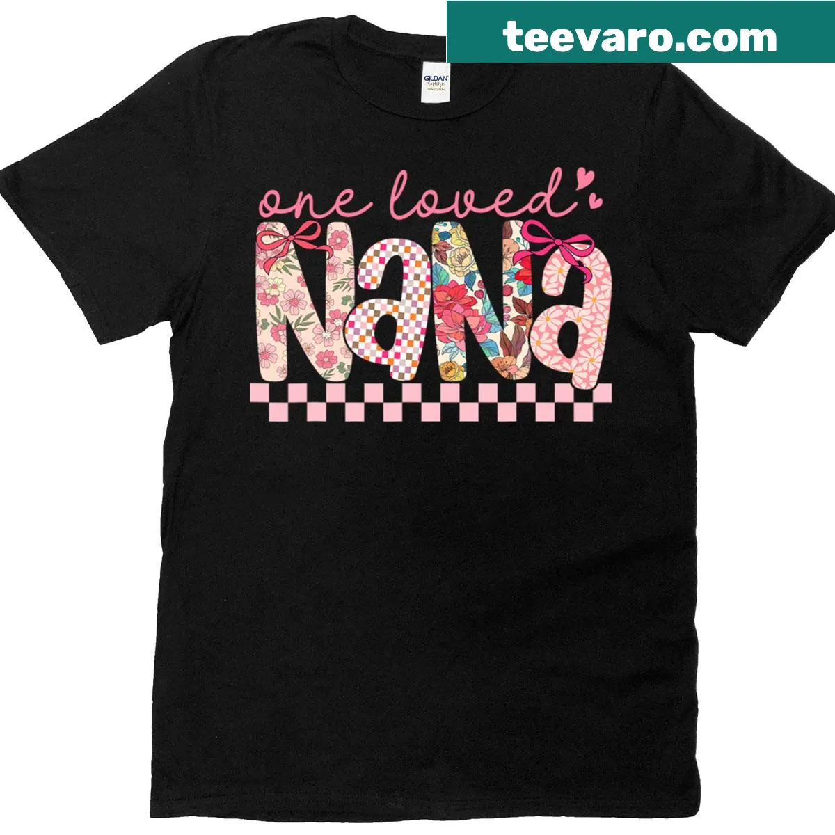 Nana t-shirt with pink bow and floral design — on a men's t-shirt