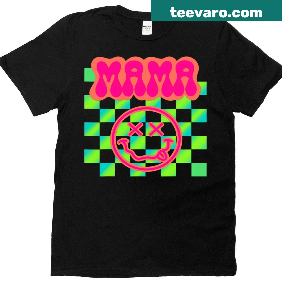 Retro 'Mama' design on a smiling checkered t-shirt for Mother's Day. — on a men's t-shirt