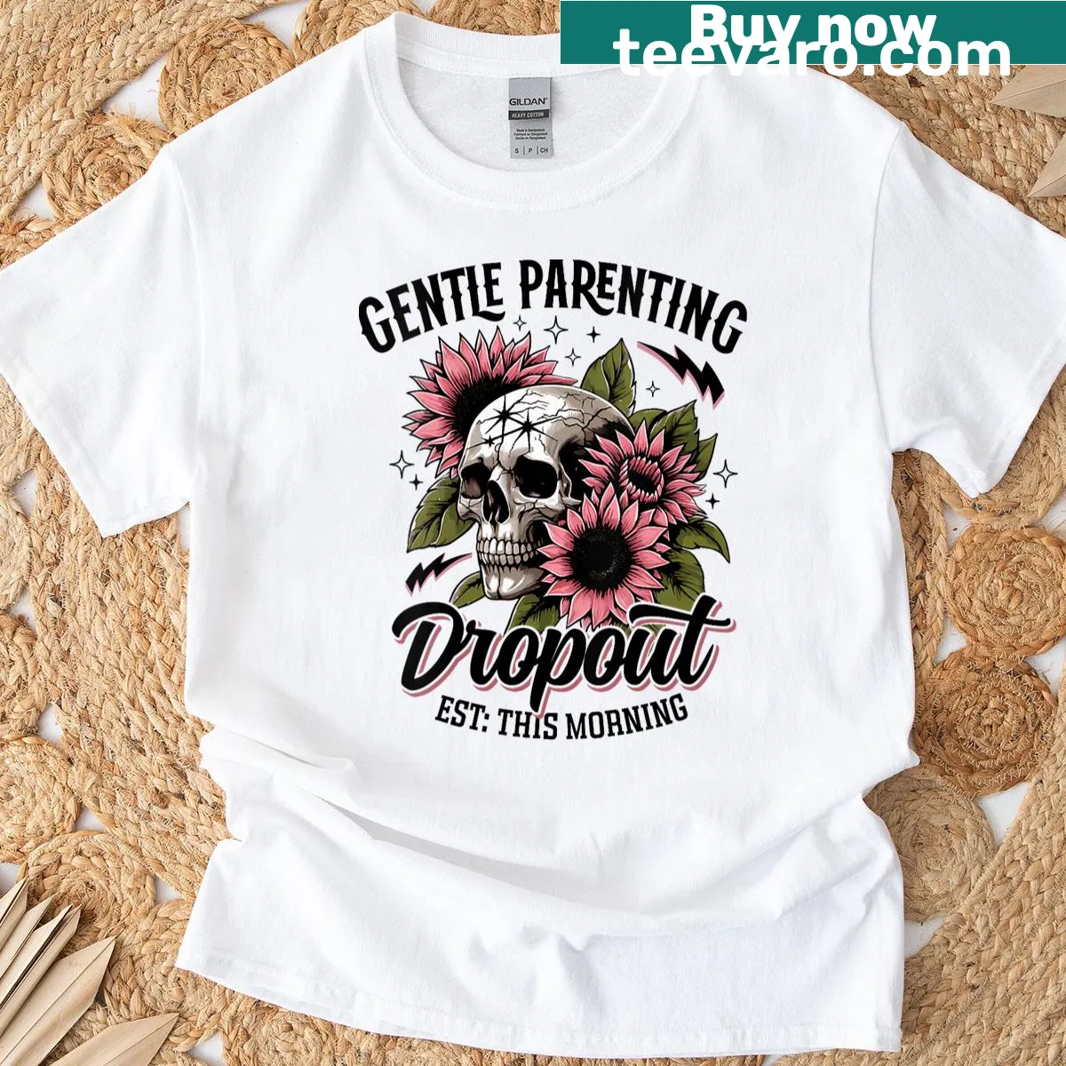 Funny retro V-neck tee with skeleton and parenting message — on a men's t-shirt