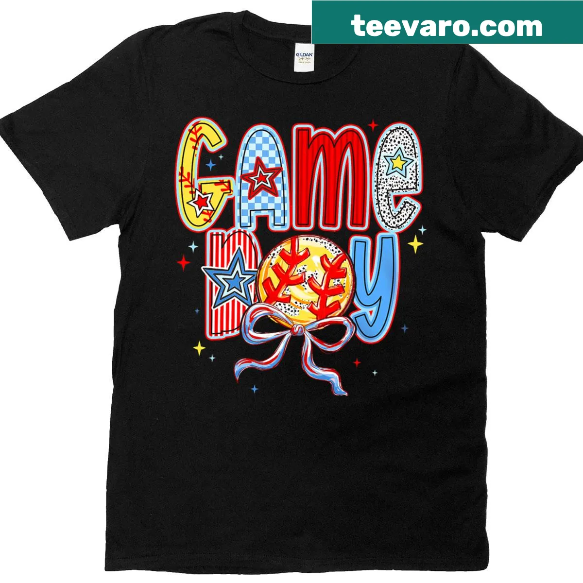 Mother's Day T-shirt with softball and bow graphic for moms — on a men's t-shirt