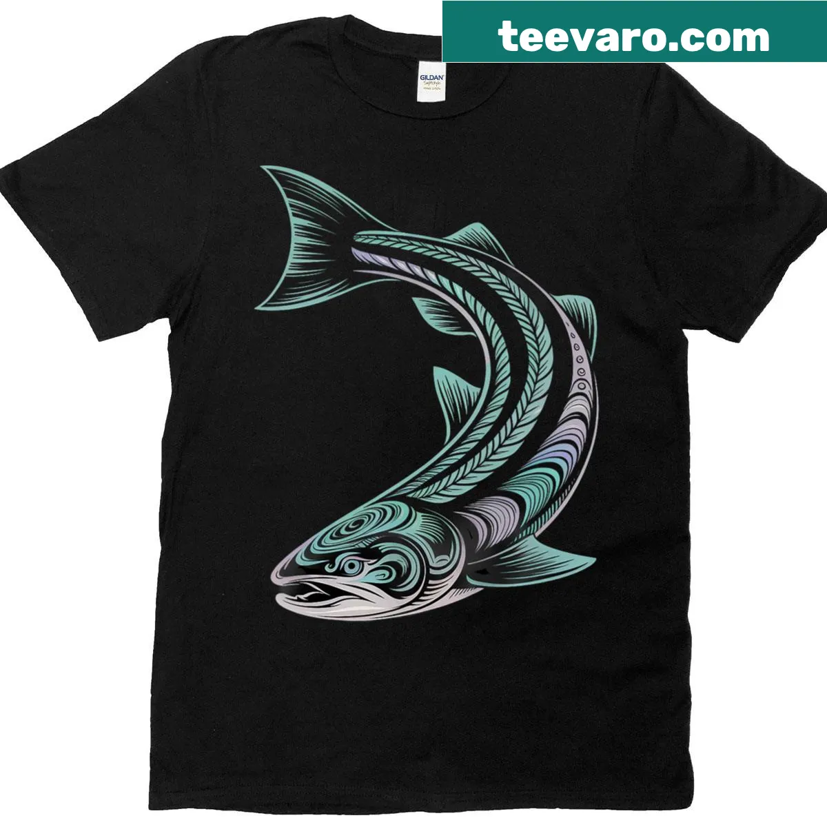 Tribal art illustration of a salmon fish on t-shirt. — on a men's t-shirt