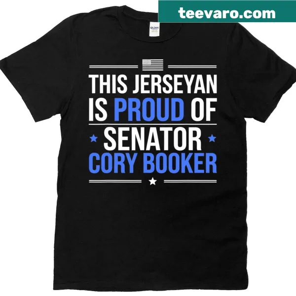 Bold text about Cory Booker and New Jersey on a T-shirt