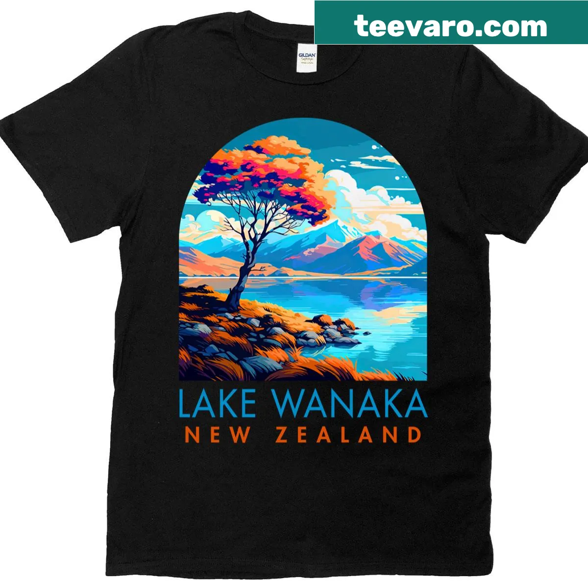 Illustrative nature-themed shirt inspired by Lake Wanaka — on a men's t-shirt