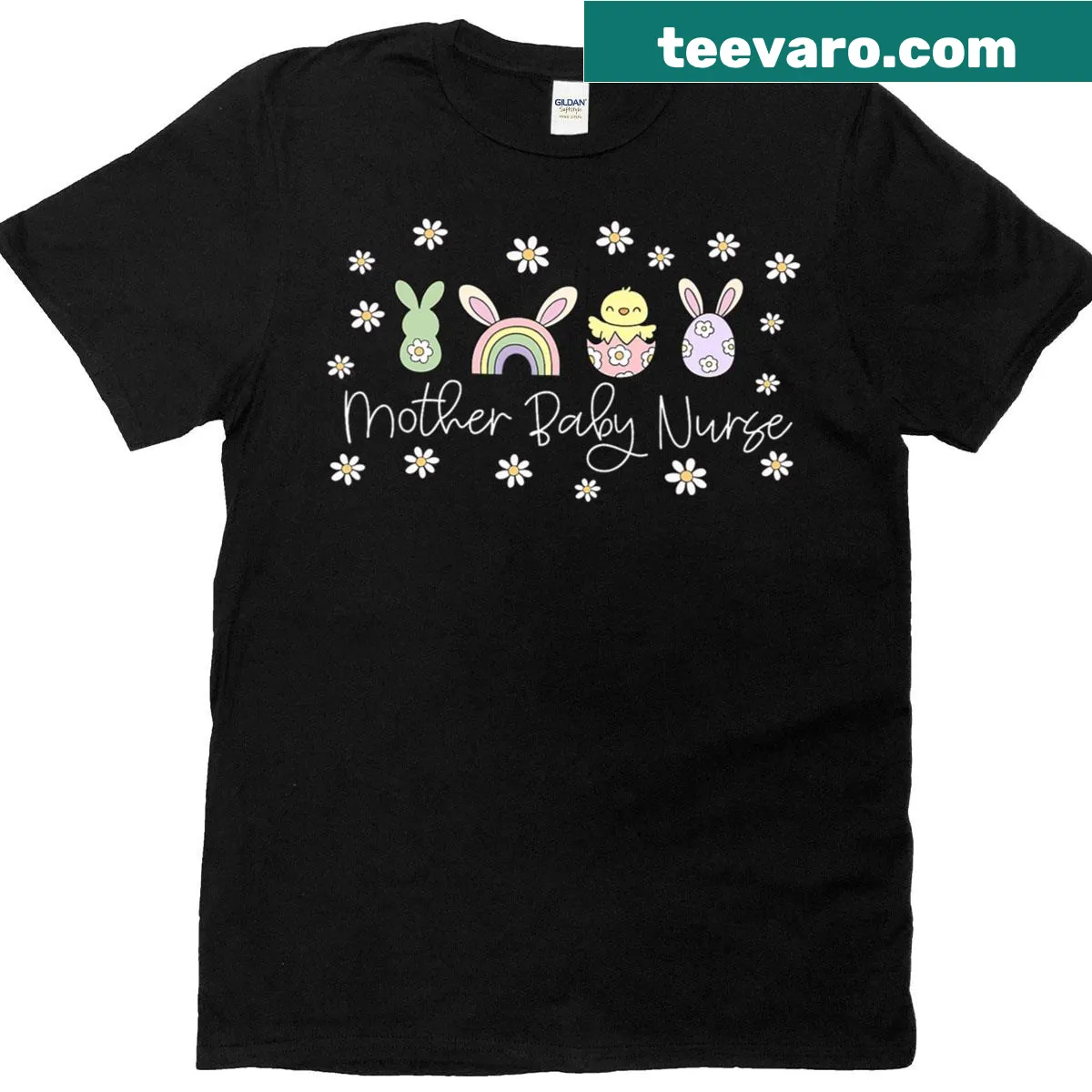 Easter-themed t-shirt featuring bunny and nursing elements. — on a men's t-shirt