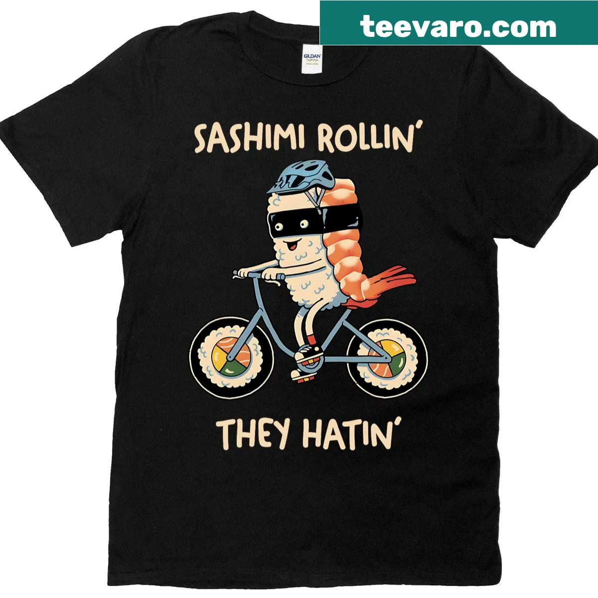 Sashimi themed T-shirt featuring humorous text about sashimi. — on a men's t-shirt
