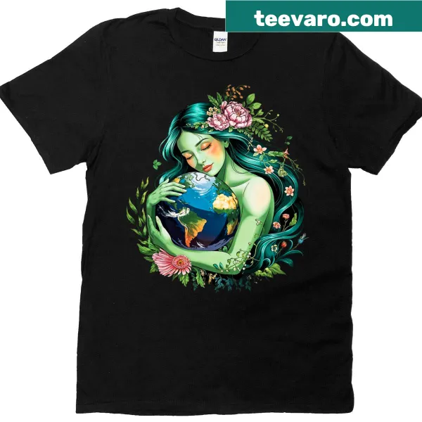 Earth-hugging mother illustration on a T-shirt promoting environmental awareness